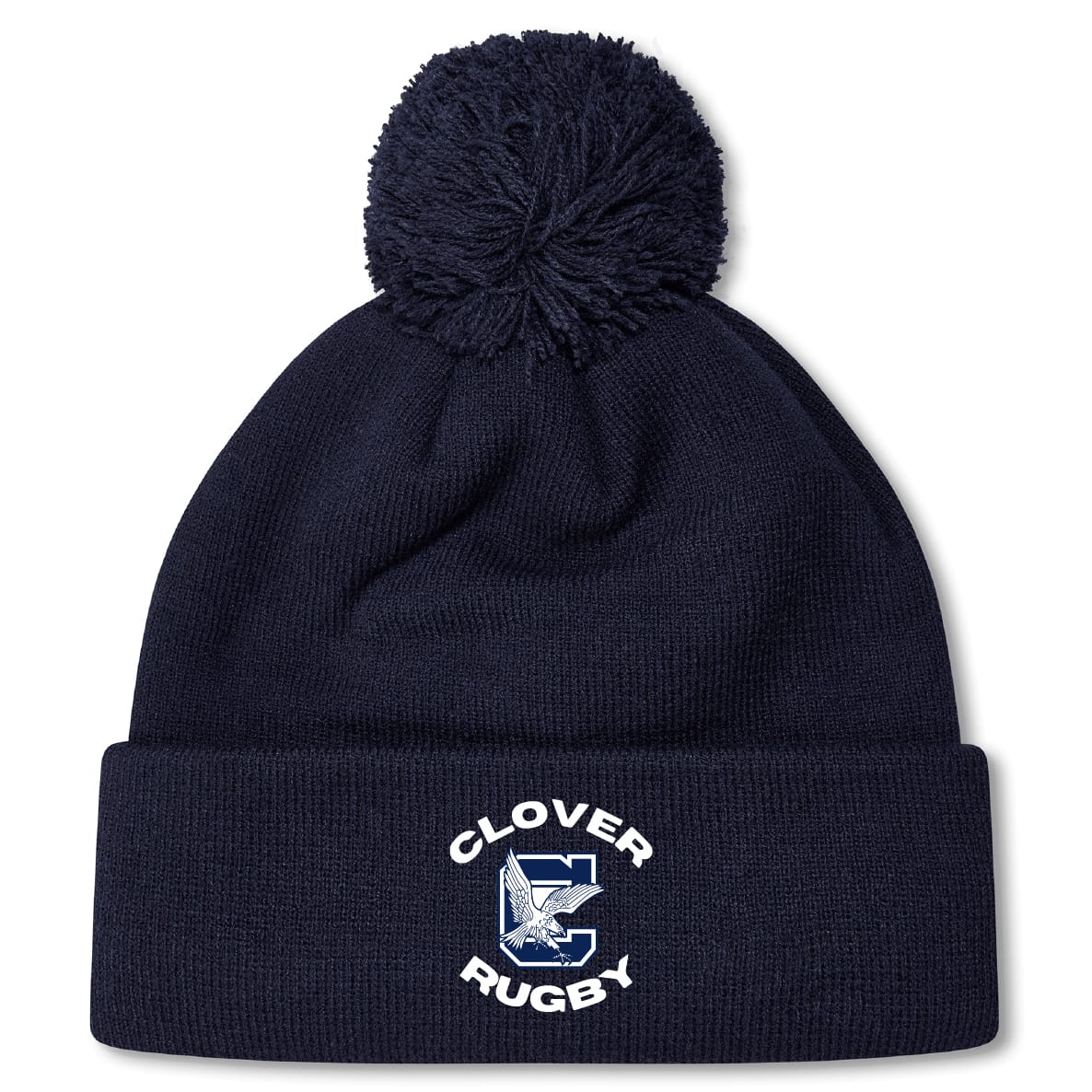 The Clover Middle School Pom Pom Beanie by EMB Canterbury is a navy blue knit hat with a pom-pom and features a "CLOVER RUGBY" logo with a large C and horse’s head on the front cuff.