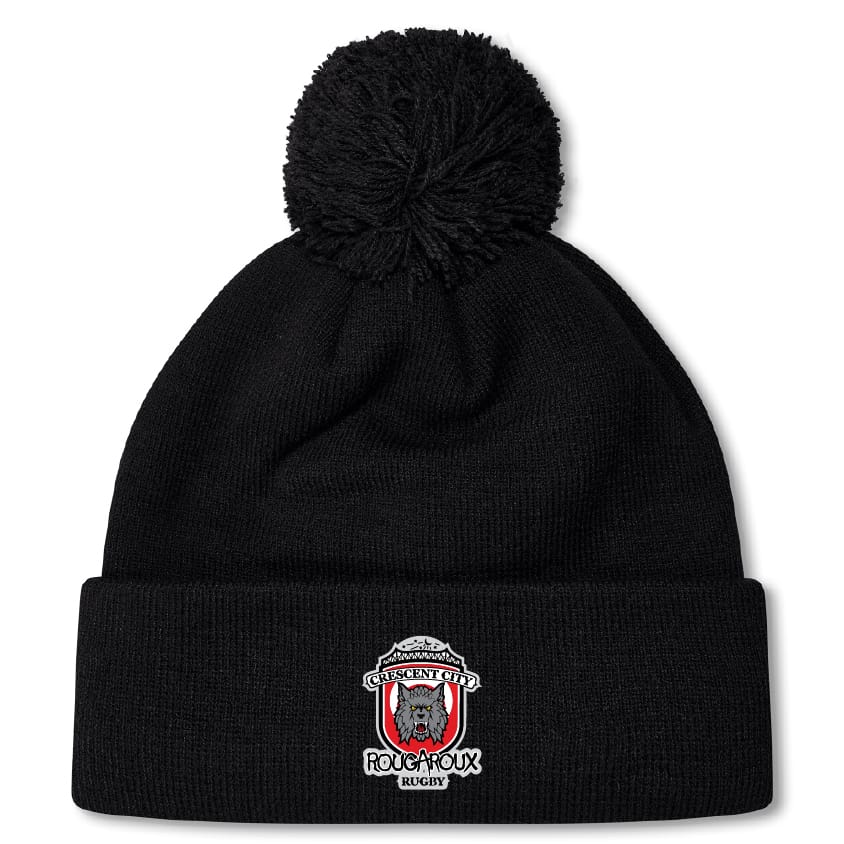 The Crescent City Rougaroux Pom Pom Beanie by EMB Canterbury is a black, fleece-lined hat with a pom-pom and features an embroidered Crescent City Rougaroux logo on the front cuff.