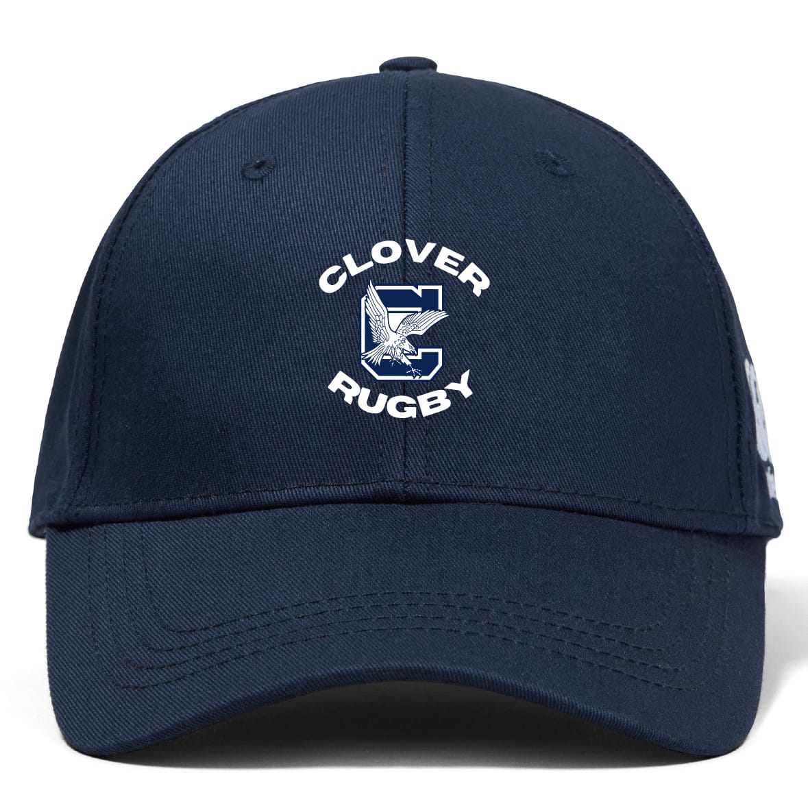 The Clover Middle School Flexfit Drill Cap by Canterbury, from EMB Canterbury, is a navy blue cap with a curved brim and an embroidered "Clover Rugby" logo featuring a stylized eagle on the front.