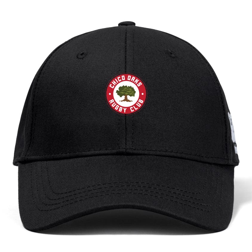 The Chico Oaks Flexfit Drill Cap by Canterbury, from EMB Canterbury, features a curved brim and the iconic red and white "Chico Oaks Rugby Club" logo on the front, combining style with comfort.
