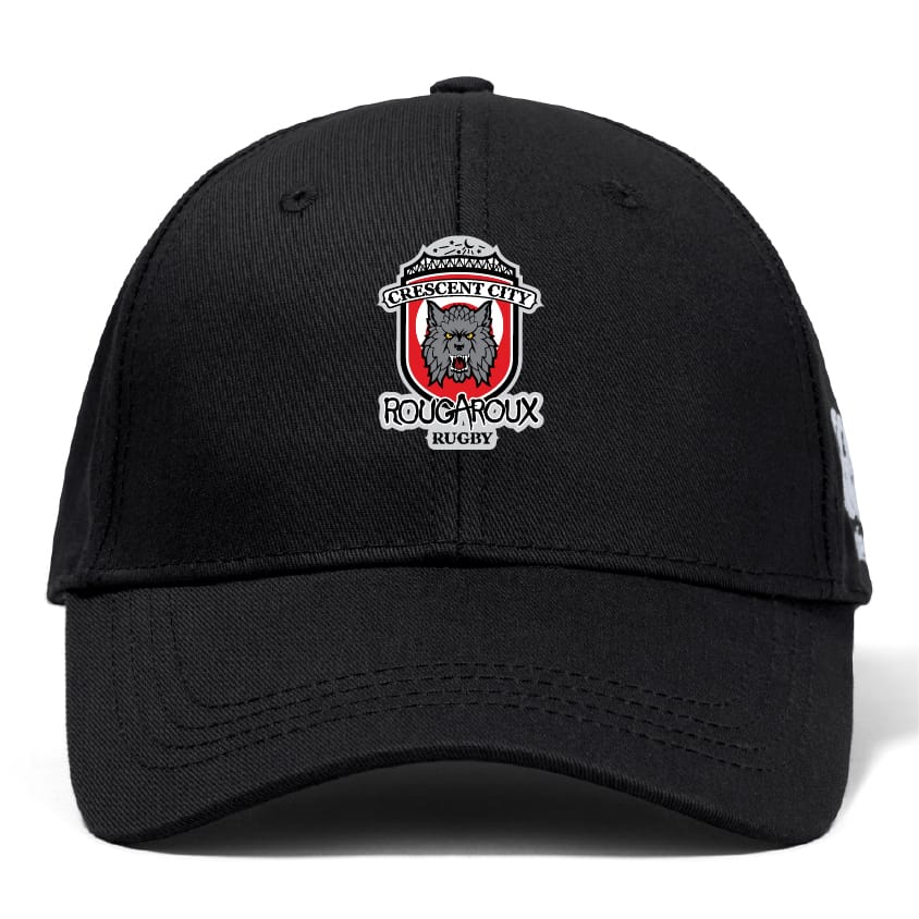 The Crescent City Rougaroux Flexfit Drill Cap by Canterbury from EMB Canterbury is a black baseball hat featuring a wolf logo on the front and a stylish curved brim.