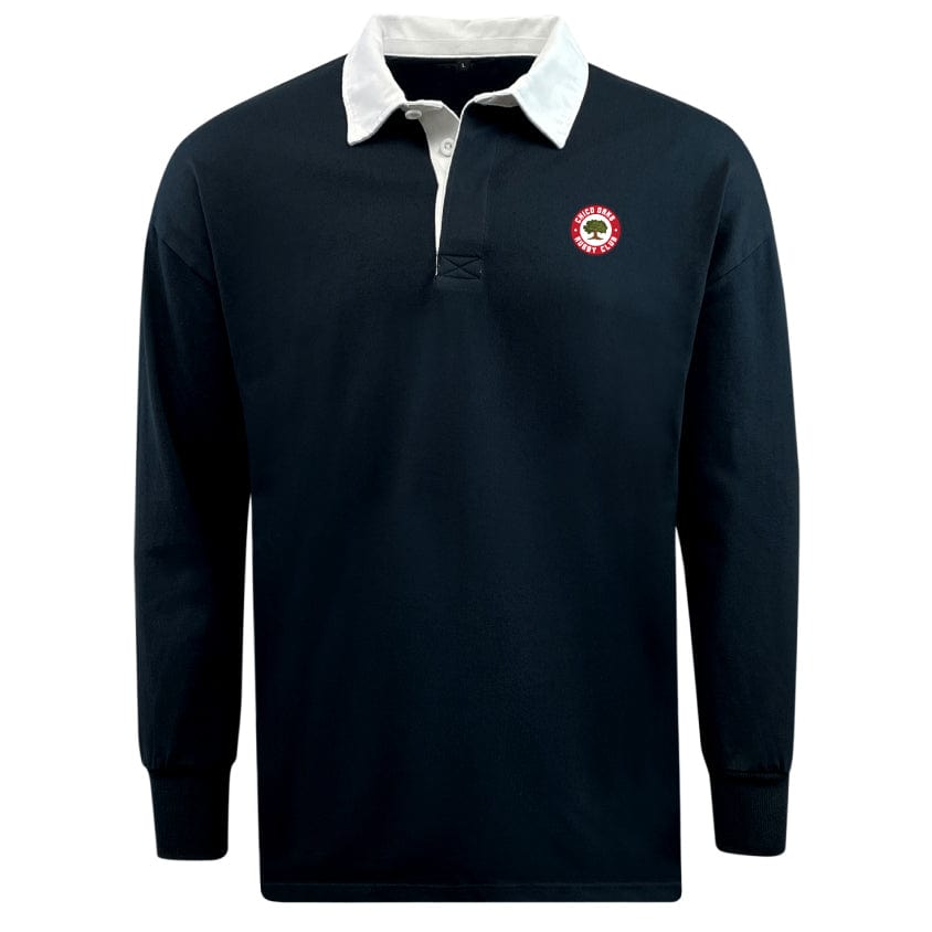 The Chico Oaks Classic Long Sleeve Solid Rugby Jersey from EMB Mudoo features a relaxed fit, dark body, and white collar and cuffs. Made from a soft cotton/poly blend, it includes a small embroidered logo on the left chest.