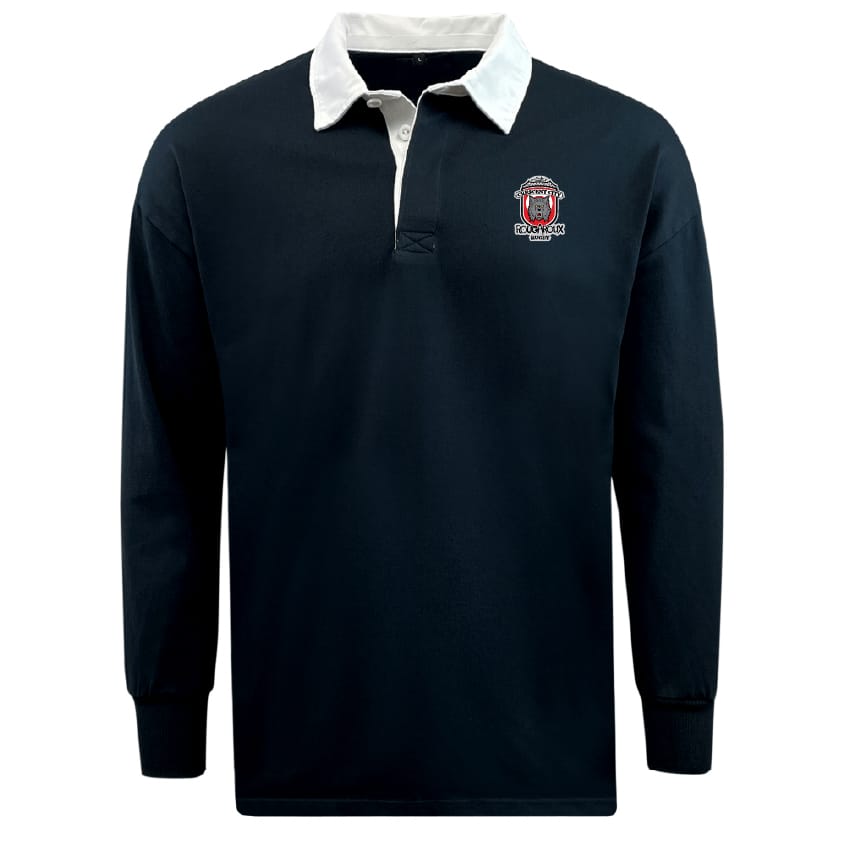 The EMB Mudoo Crescent City Rougaroux Classic Long Sleeve Solid Rugby Jersey features a navy design, white collar, and embroidered left chest crest. Made from a cotton/poly blend, it’s versatile leisurewear for any occasion.