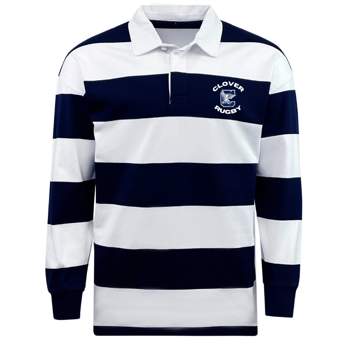 The EMB Mudoo Clover Middle School Classic Long Sleeve Hooped Rugby Jersey features bold navy blue and white stripes, a white collar, and a "Clover Rugby" emblem on the chest—perfect for vintage-inspired style.