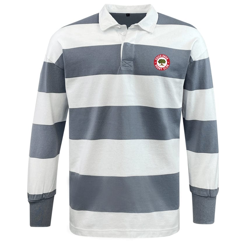 The Chico Oaks Classic Long Sleeve Hooped Rugby Jersey by EMB Mudoo is ideal for leisurewear, featuring wide gray and white stripes and a nostalgic small circular red logo on the left chest.