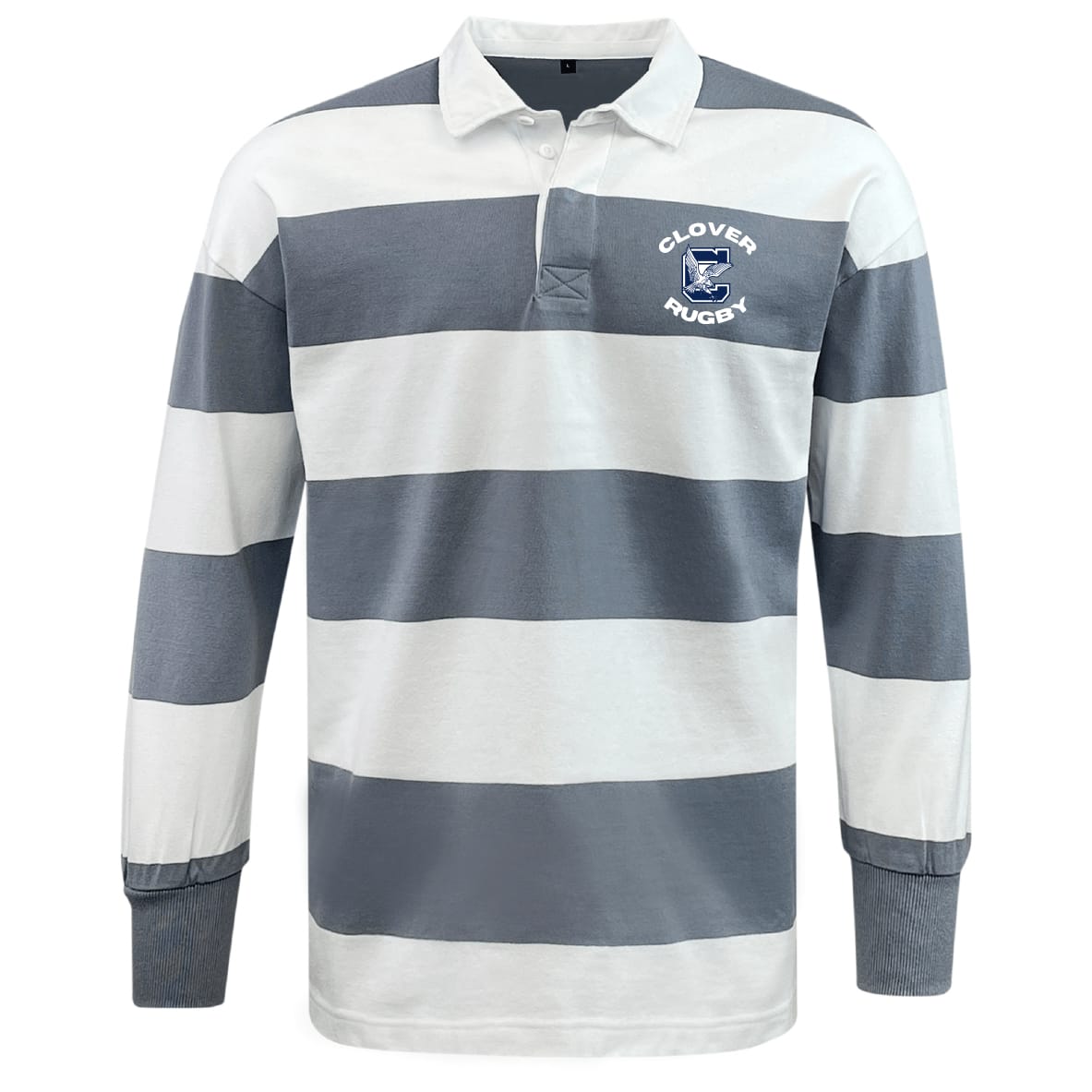 The EMB Mudoo Clover Middle School Classic Long Sleeve Hooped Rugby Jersey features bold grey and white stripes, a white collar, and a "Clover Rugby" chest crest, reflecting classic rugby shirt style.