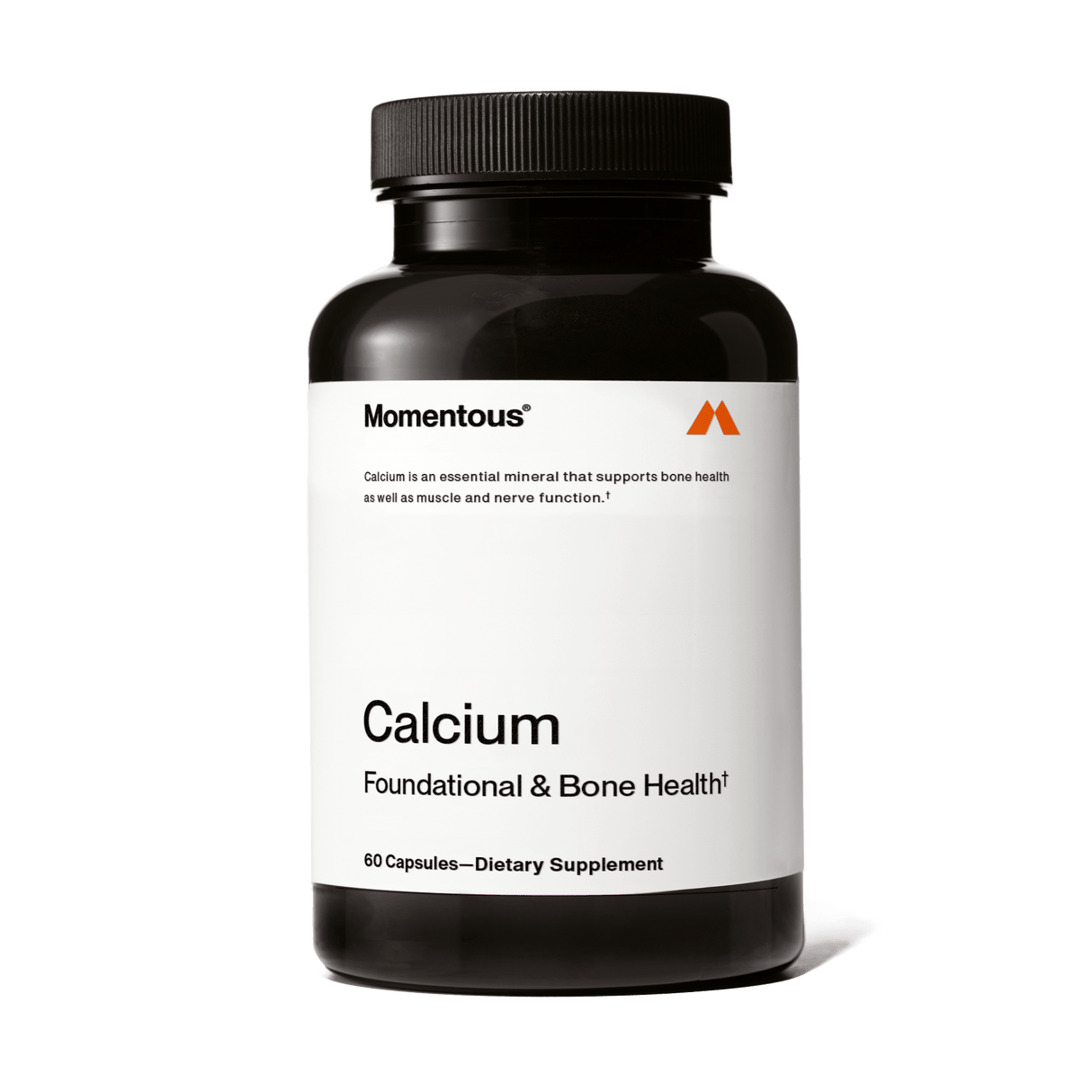 A black bottle of Momentous Calcium by Momentous contains 60 capsules with highly absorbable calcium to support bone strength.