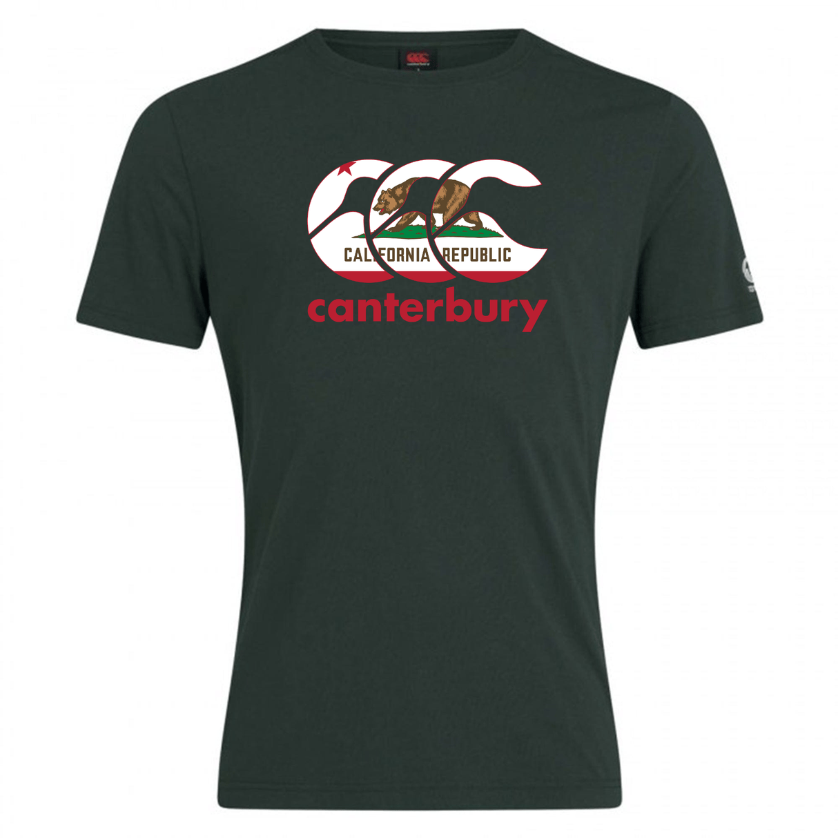 The WRS Canterbury California CCC Flag Club T-shirt is a dark green tee with a bear flag design and “canterbury” in red on the front—ideal for showing your rugby state pride.