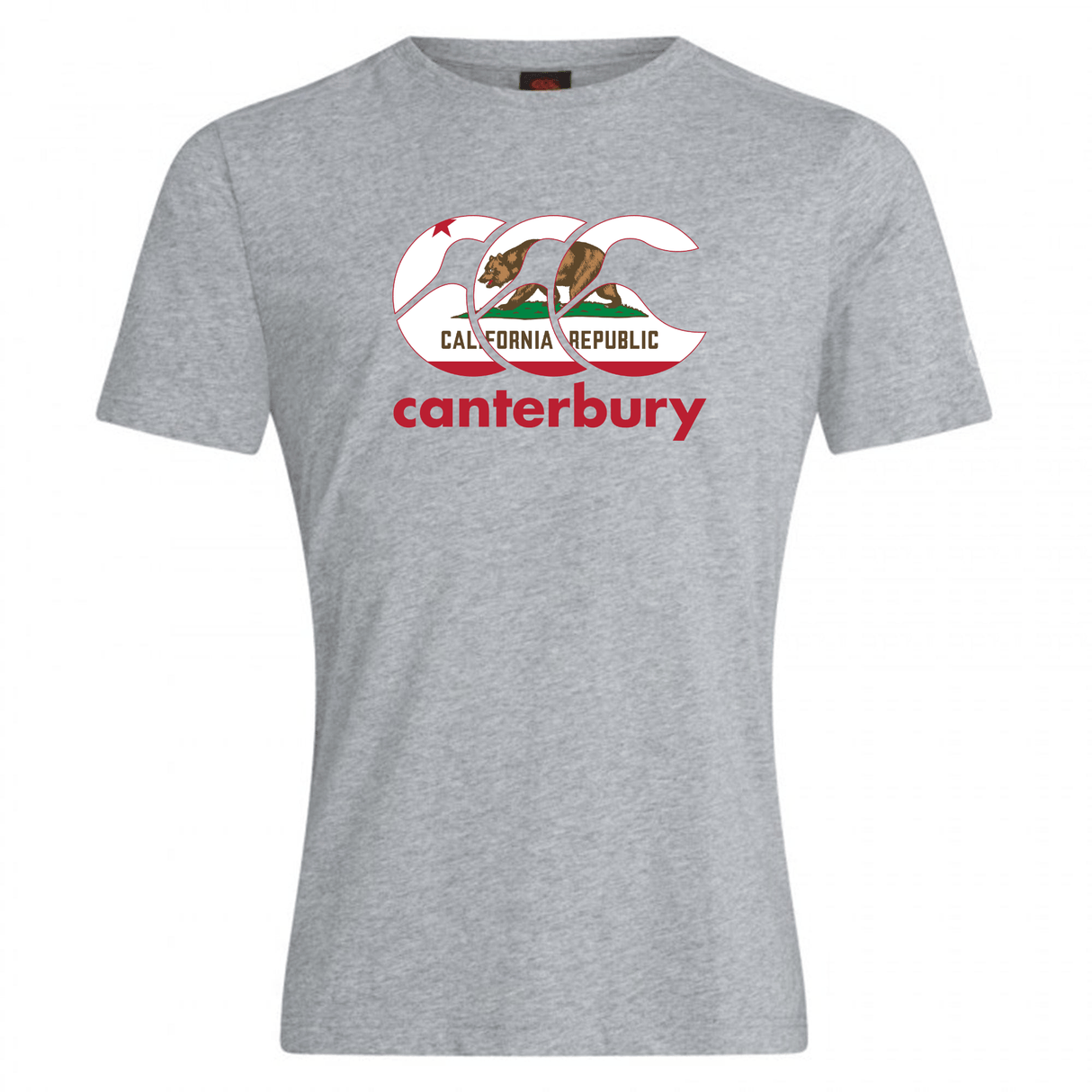 The WRS Canterbury California CCC Flag Club T-shirt features a stylized CCC logo with the California bear flag and "canterbury" below—ideal for rugby fans to show state pride.