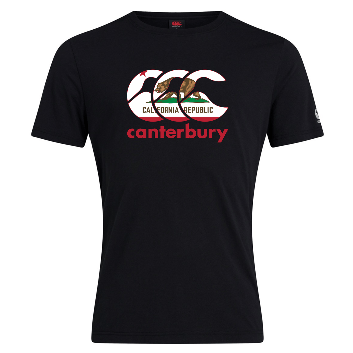 The Canterbury California CCC Flag Club T-shirt by WRS Canterbury is a black short-sleeve tee with the iconic logo, a California Republic bear flag design, and bold red "canterbury" text on the front—celebrate rugby state pride in style.