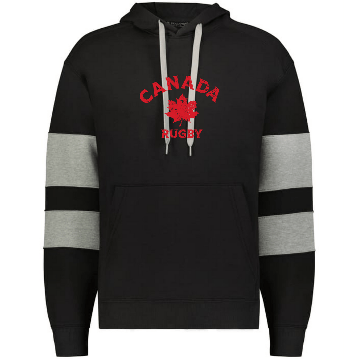 The WRS Augusta Nations of Rugby Canada Jackson Way Hoodie features black fabric, gray sleeve stripes, a front pocket, and "Canada Rugby" with a red maple leaf printed on the chest.