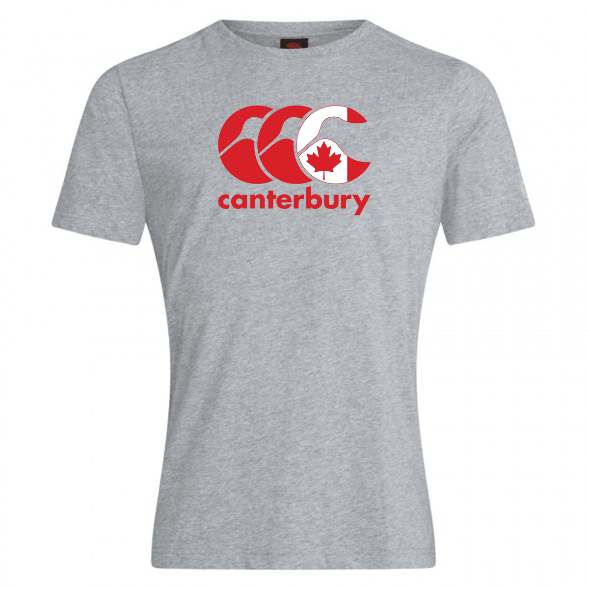 The Canterbury Canada CCC Flag Club T-Shirt by WRS Canterbury showcases a gray shade with bold red branding and a central Canadian maple leaf design.
