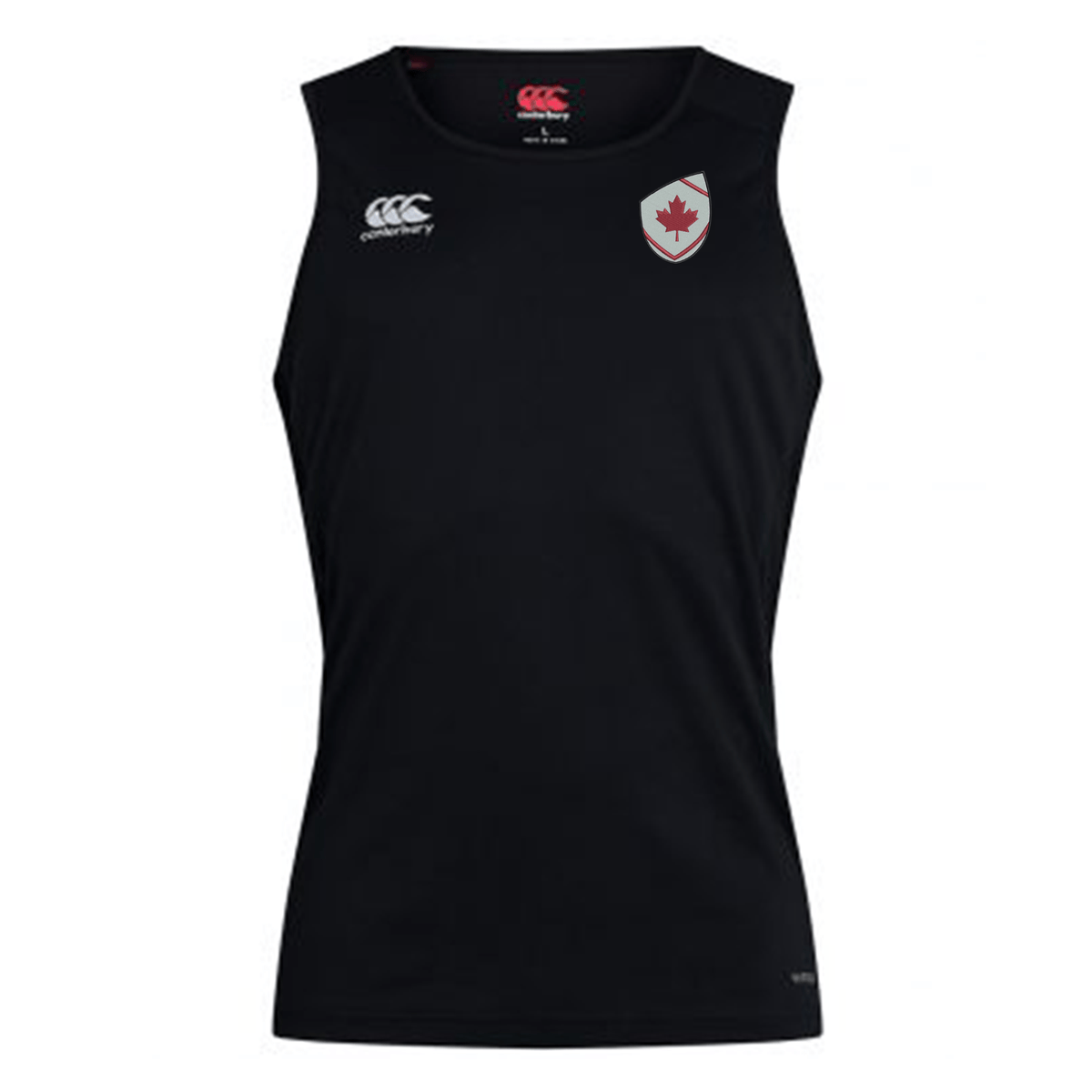 The EMB Canterbury Canada Shield Club Dry Singlet is a sleeveless black rugby tank featuring a white logo on the right chest, a red maple leaf shield emblem on the left, and enhanced comfort with Vapodri Technology.