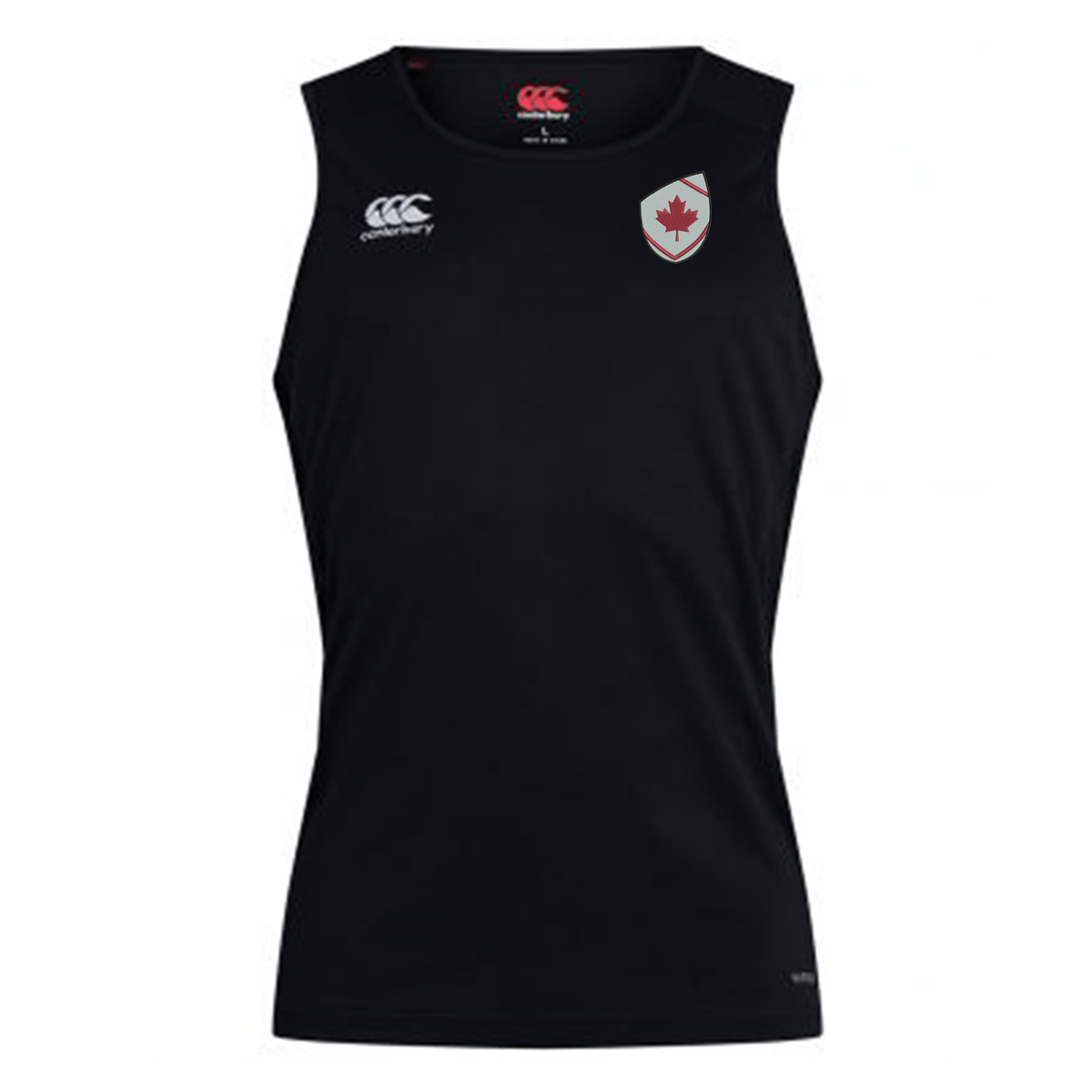 The EMB Canterbury Canada Shield Club Dry Singlet is a sleeveless black rugby tank featuring a white logo on the right chest, a red maple leaf shield emblem on the left, and enhanced comfort with Vapodri Technology.