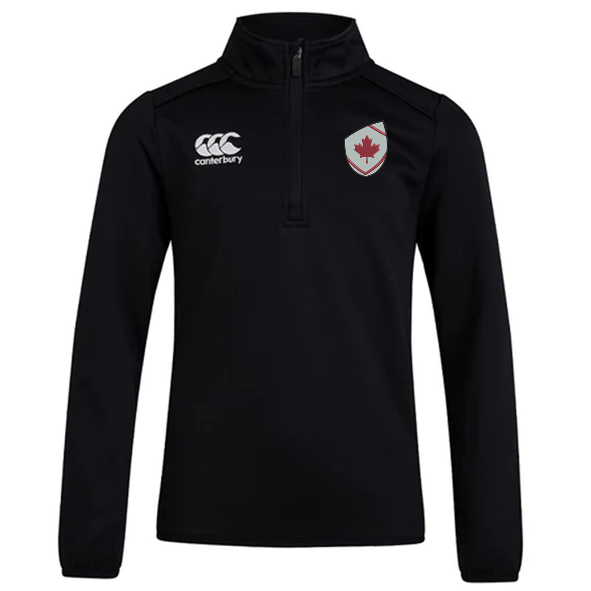 The Canterbury Canada Club Shield 1/4 Zip Training Top by EMB Canterbury is a black long-sleeve bonded fleece top with Canterbury and maple leaf shield logos on the chest—official Canada rugby training gear.