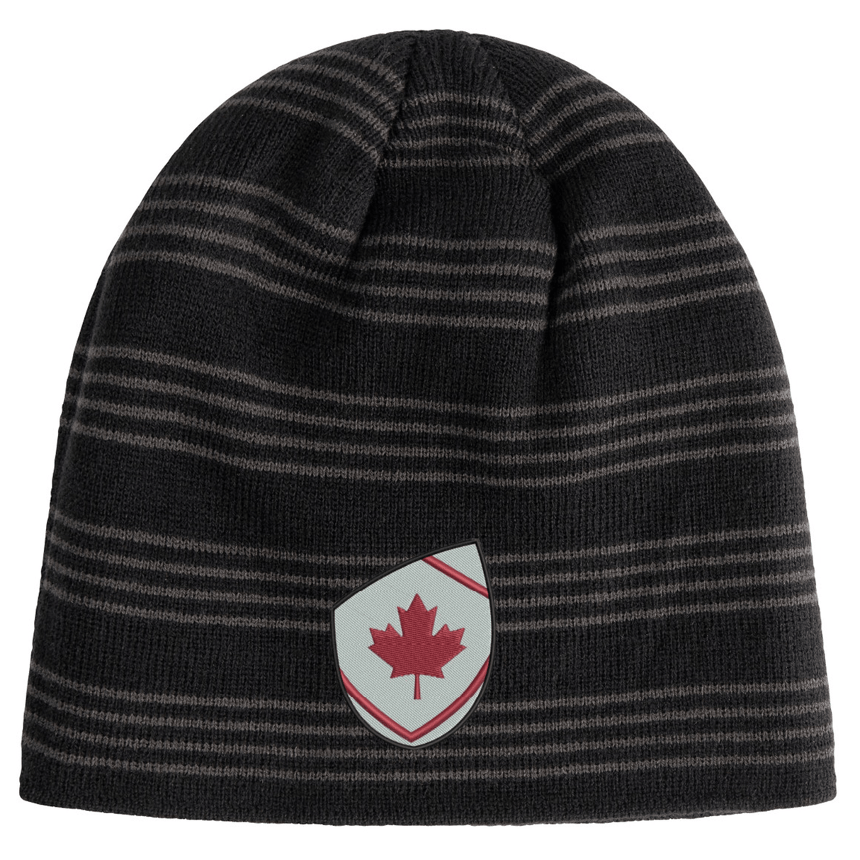 The EMB Canterbury Canada Shield Beanie features black and grey stripes and a shield patch with a red maple leaf—ideal for rugby supporters.
