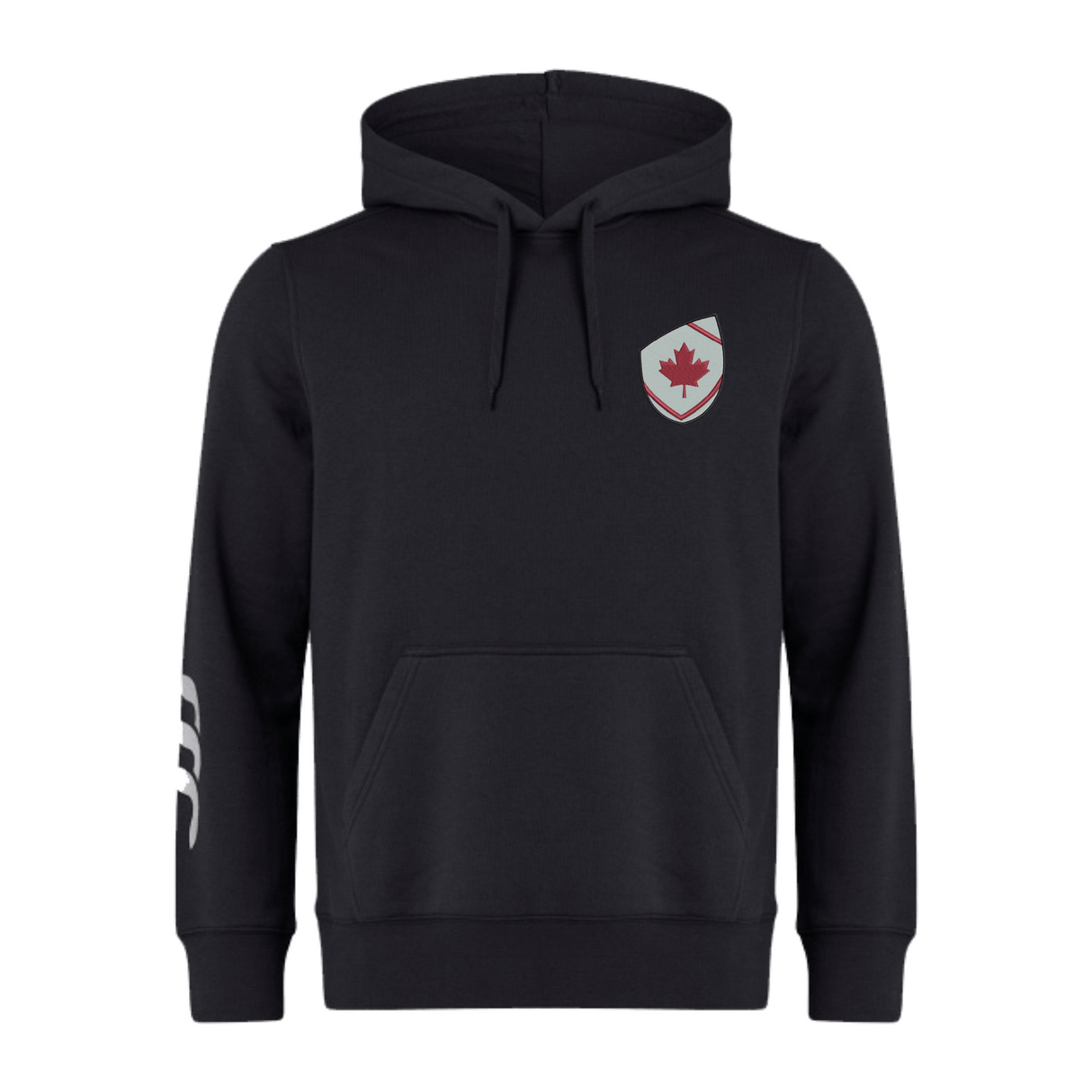 The Canterbury Canada Shield Club Hoodie by EMB Canterbury features black sweatshirt fleece, a front pocket, a maple leaf shield on the left chest, and three white stripes on the right sleeve—ideal for any rugby supporter.
