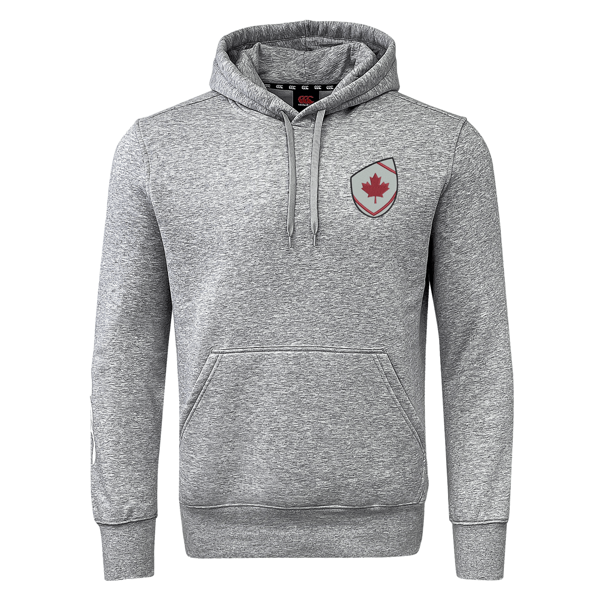 The EMB Canterbury Canada Shield Club Hoodie features gray sweatshirt fleece, a front pocket, and a red maple leaf emblem—perfect for fans of Canada or rugby supporters.