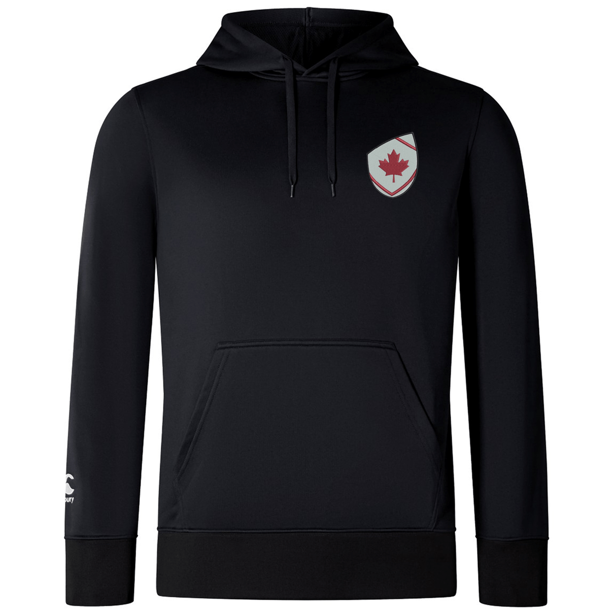 The EMB Canterbury Canterbury Canada Shield Club Lightweight Hoodie is black with a front pocket and a red maple leaf on a white shield patch on the left chest—ideal apparel for Canada supporters.