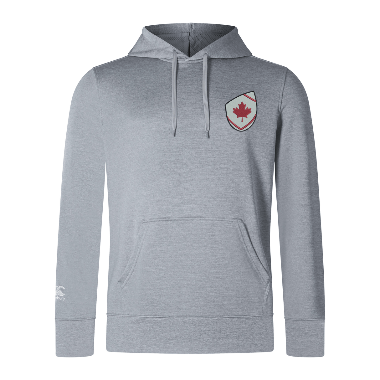 The EMB Canterbury Canada Shield Club Lightweight Hoodie features a light gray design with drawstrings, front pocket, and a red maple leaf on the chest—ideal for Canada fans or as a comfortable rugby hoodie.