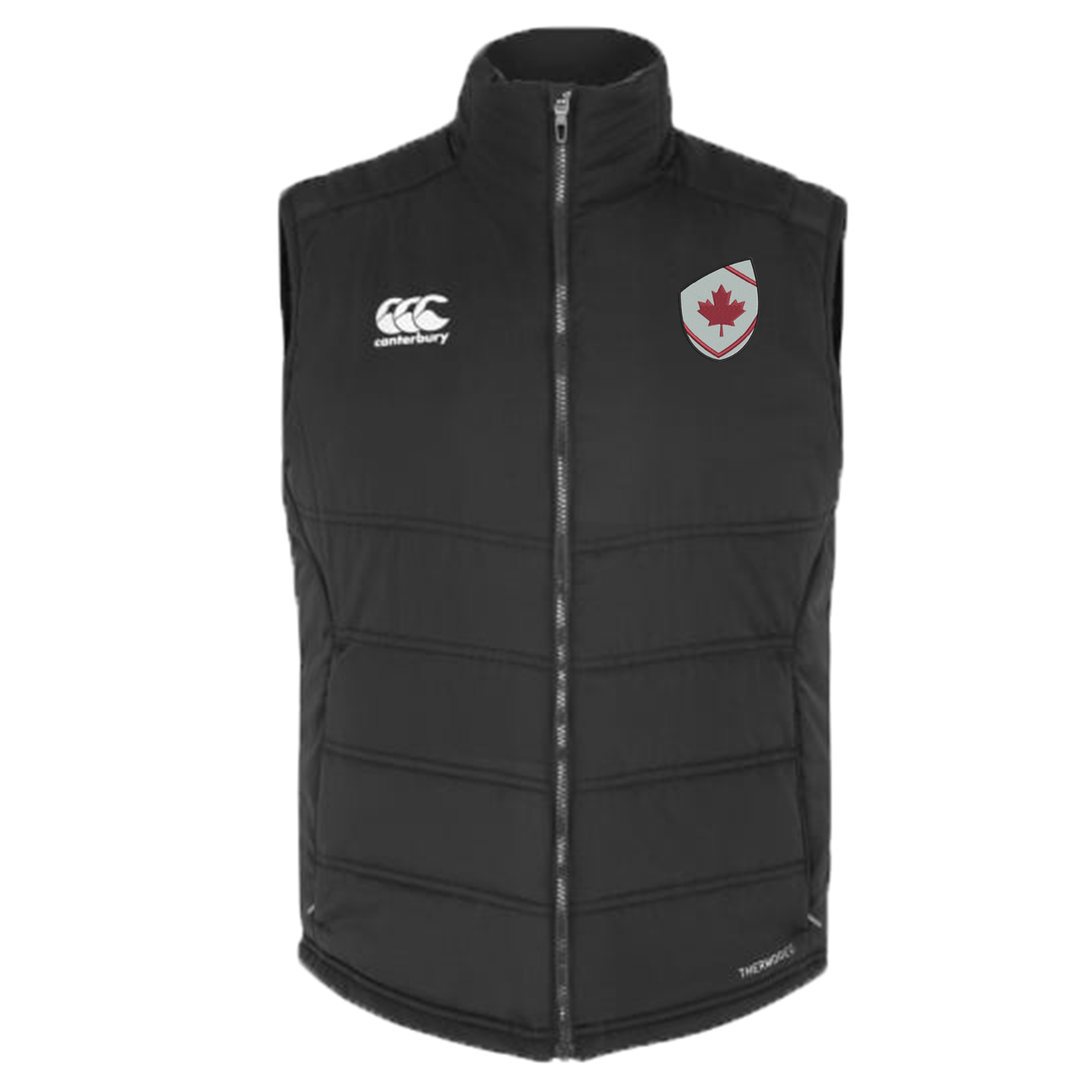 The Canterbury Canada Shield Core Gilet by EMB Canterbury is a black zip-up puffer vest with Thermoreg insulation, featuring a Canterbury logo on the right chest and a maple leaf shield emblem on the left chest.
