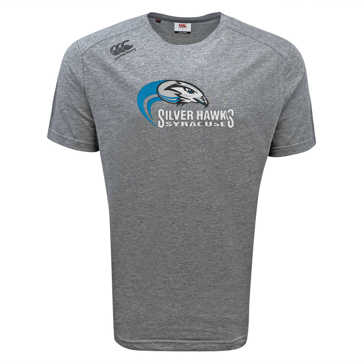 This Syracuse Silver Hawks Tempo Vapodri T-Shirt by Canterbury features a logo with a hawk head, the text "SILVER HAWKS," and "SYRACUSE" in white letters. It also boasts a black and white rugby logo on the top-left shoulder, along with VapoDri technology for moisture-wicking performance.