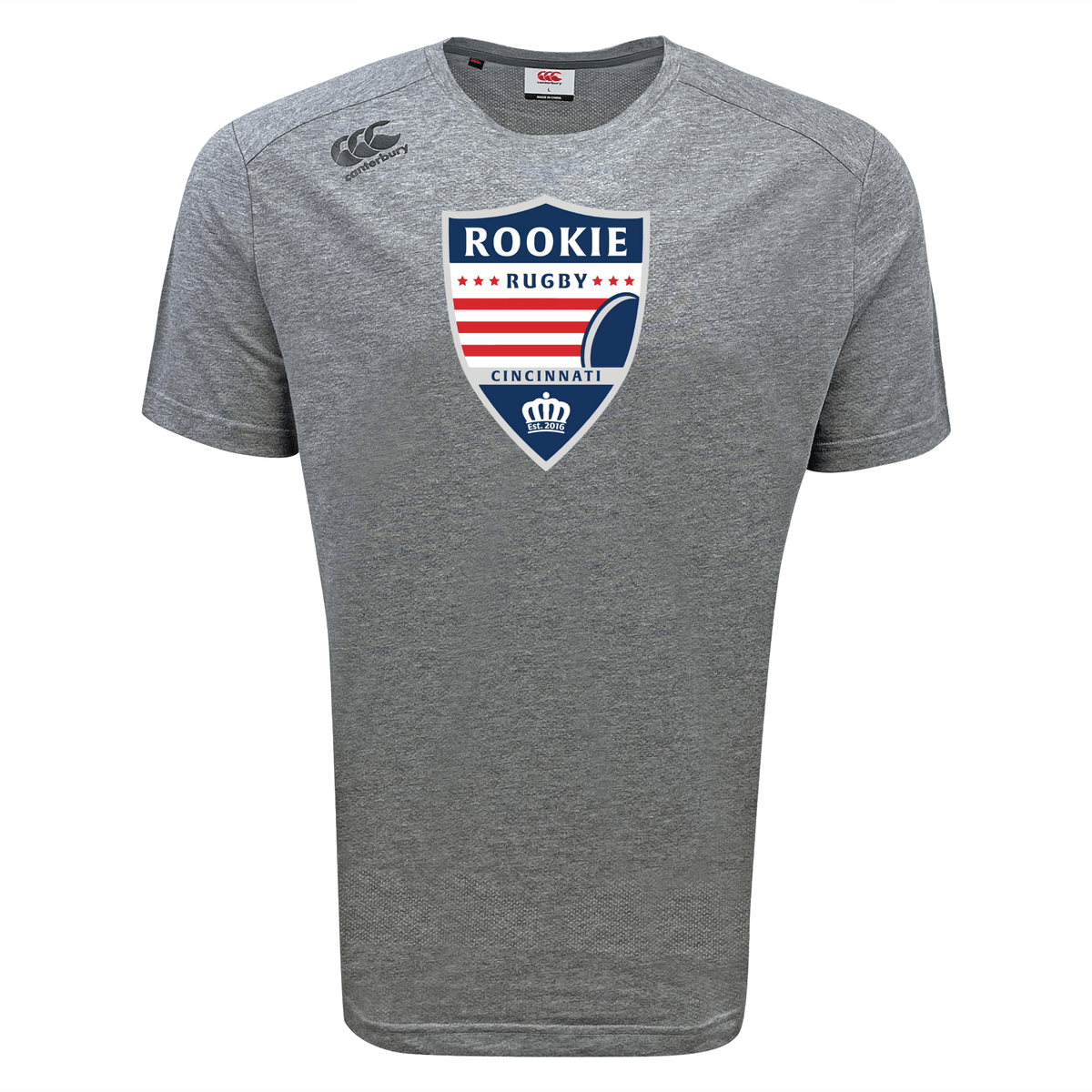 Introducing the Cincinnati Rookie Rugby Tempo Vapodri T-Shirt by WRS Canterbury, featuring a "Rookie Rugby Cincinnati" logo with stars, stripes, a crown, and rugby ball design. This tee incorporates VapoDri technology for superior moisture-wicking performance.