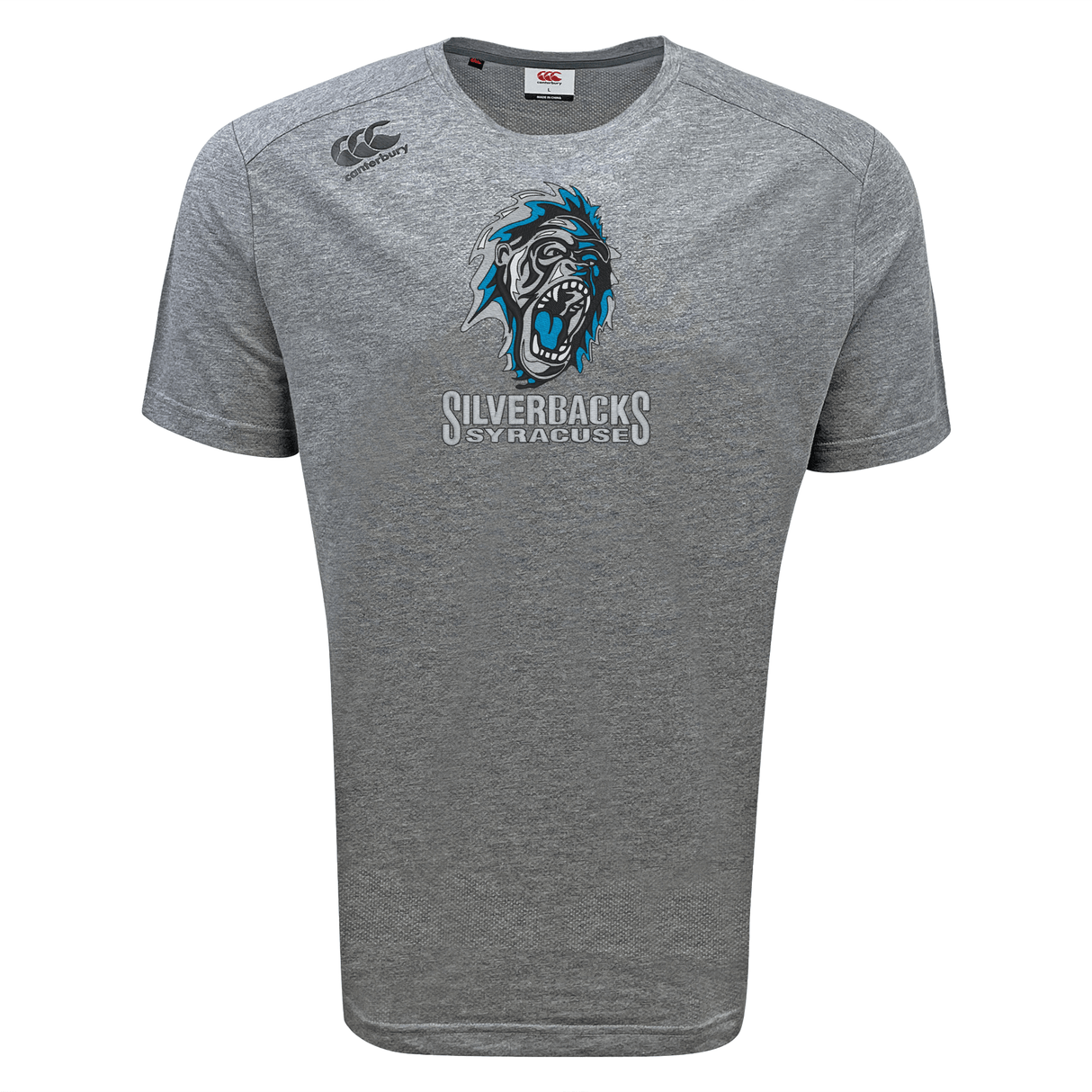 WRS Canterbury Syracuse Silverbacks Tempo Vapodri T-Shirt by Canterbury: A gray sports tee featuring a graphic of a roaring gorilla head above the text "Silverbacks Syracuse," with a logo on the left shoulder, designed with VapoDri technology for moisture-wicking comfort.