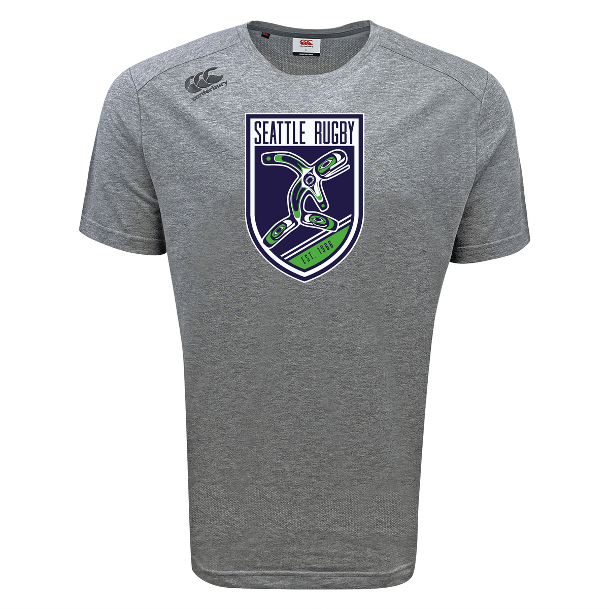 Grey sports tee featuring the Seattle rugby logo with a green and purple emblem on the chest, incorporating WRS Canterbury's Seattle Rugby Club Tempo Vapodri technology, displayed on a plain background.
