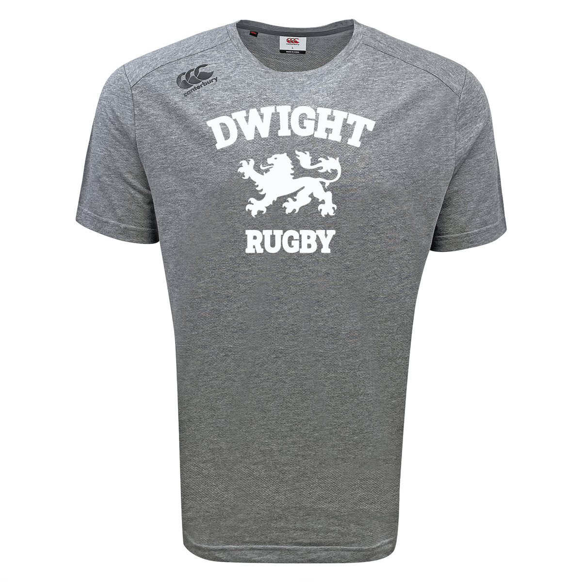 A grey T-shirt with the word "DWIGHT" above a lion graphic and the word "RUGBY" below. Featuring moisture-wicking VapoDri technology, it ensures you stay comfortable. There is a small logo in the upper left corner. This is the Dwight Rugby White Logo Tempo Vapodri T-Shirt by WRS Canterbury.