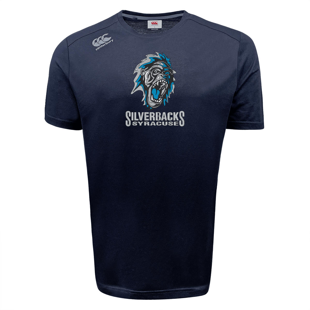 A Syracuse Silverbacks Tempo Vapodri T-Shirt by Canterbury featuring a graphic of a roaring gorilla and the text "Silverbacks Syracuse" on the front, crafted with VapoDri technology for ultimate moisture-wicking performance by WRS Canterbury.