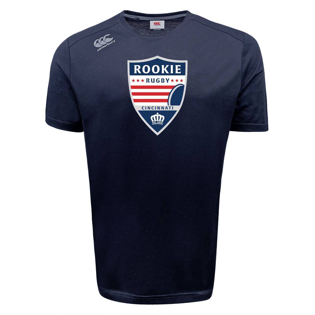 A Cincinnati Rookie Rugby Tempo Vapodri T-Shirt by Canterbury featuring a "Rookie Rugby" logo with a rugby ball and crown, and the word "Cincinnati" at the bottom. Ideal for athletic performance, this tee ensures you stay comfortable and dry during your training sessions.