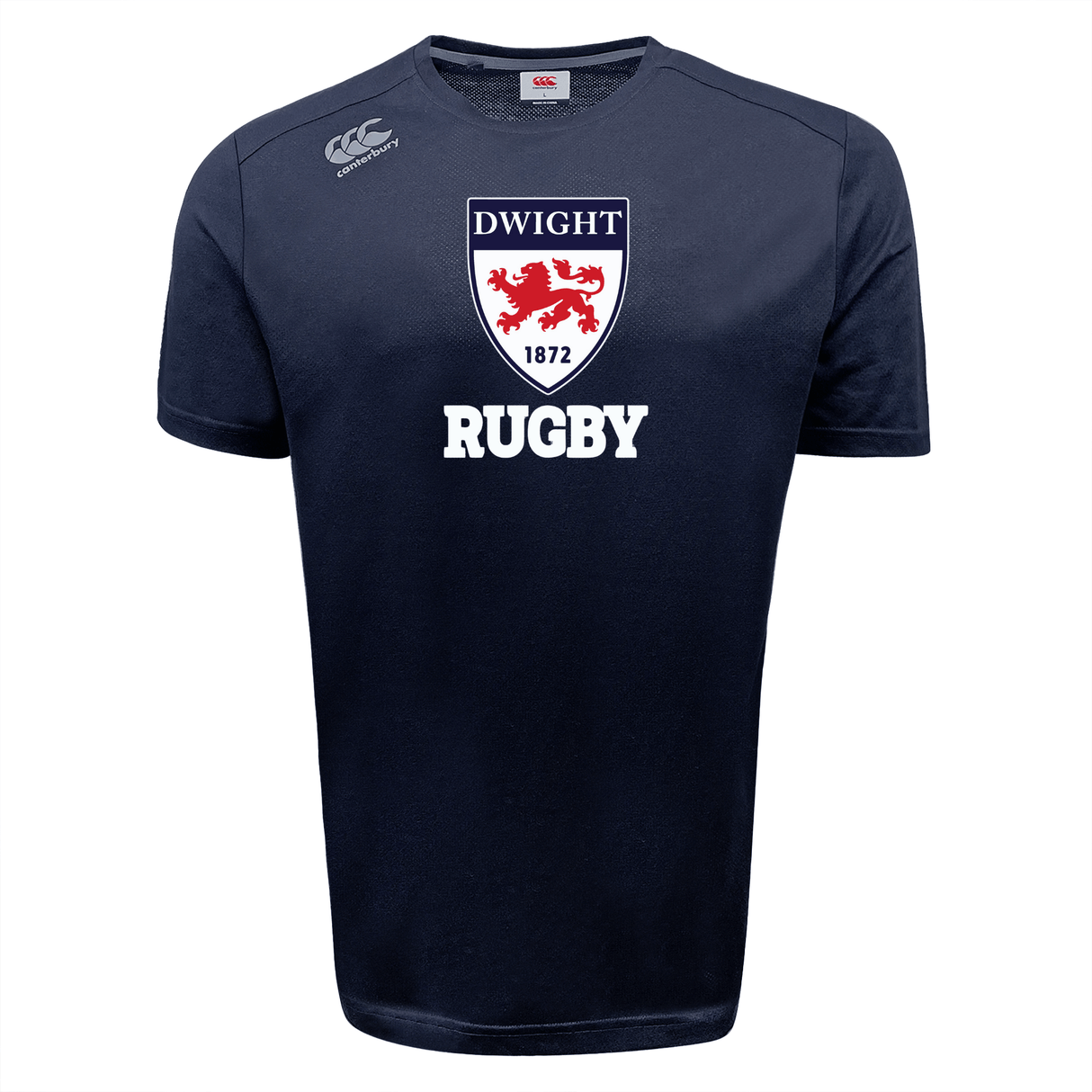 A navy blue rugby shirt with the text "dwight 1872 rugby" featuring VapoDri technology, and a red crest with a white horse on the front, along with the WRS Canterbury logo