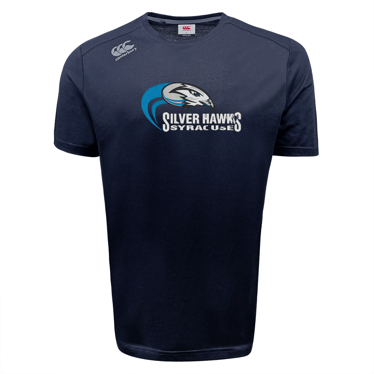 Introducing the Syracuse Silver Hawks Tempo Vapodri T-Shirt by WRS Canterbury, a navy sports tee adorned with the "Silver Hawks" logo, complete with an eagle graphic and "Syracuse" text, crafted using advanced moisture-wicking VapoDri technology for ultimate comfort.