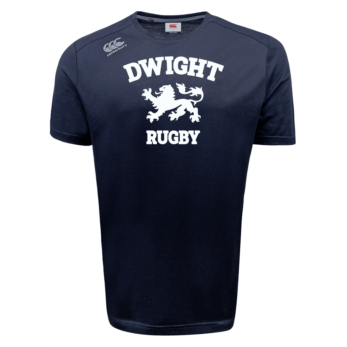 Black rugby shirt featuring the words "DWIGHT RUGBY" and a lion emblem in white on the front, equipped with VapoDri technology for breathable, moisture-wicking performance: Dwight Rugby White Logo Tempo Vapodri T-Shirt by WRS Canterbury.
