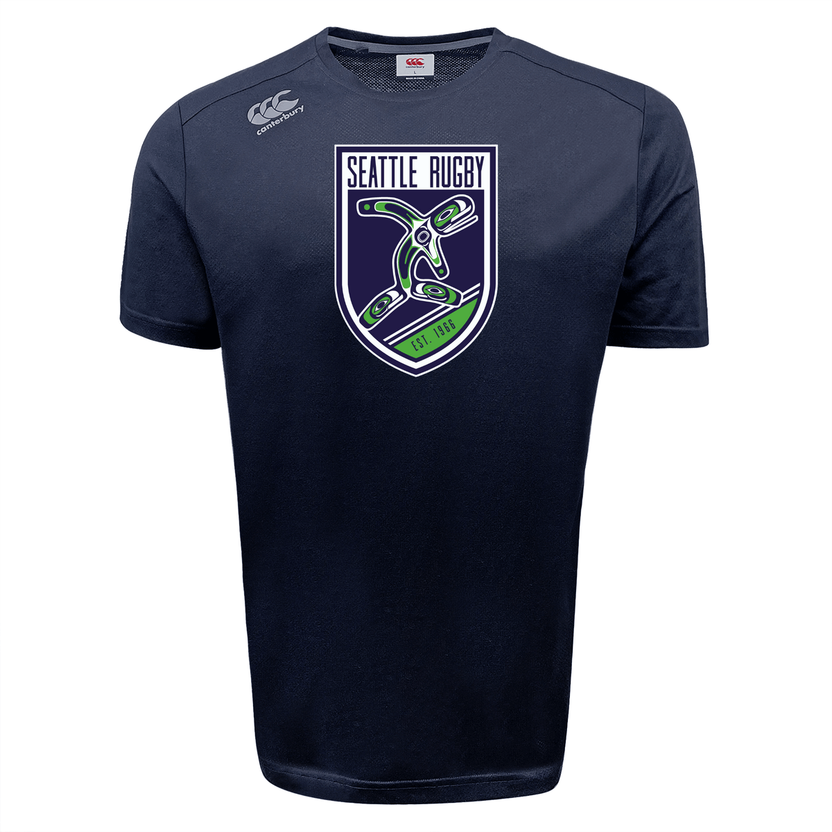 Seattle Rugby Club Tempo Vapodri T-Shirt by WRS Canterbury, adorned with a "Seattle Rugby" logo and a stylized orca in navy blue, designed with VapoDri technology for exceptional moisture-wicking comfort.