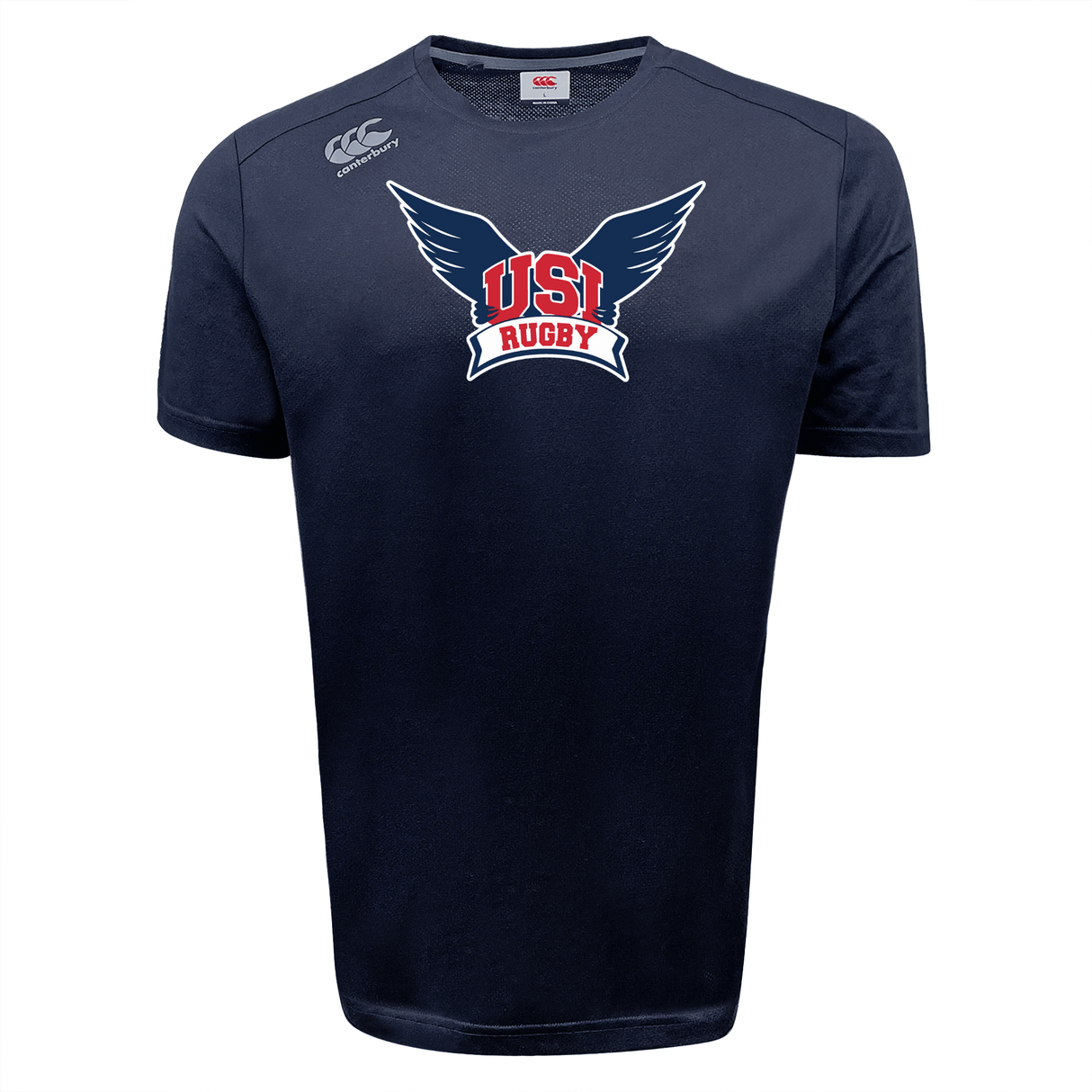University of Southern Indiana Tempo Vapodri T-Shirt by Canterbury, offered by WRS Canterbury, features a navy blue design with the "USI Rugby" logo in red, white, and blue along with wings. It's crafted using VapoDri technology to optimize moisture-wicking and athletic performance.