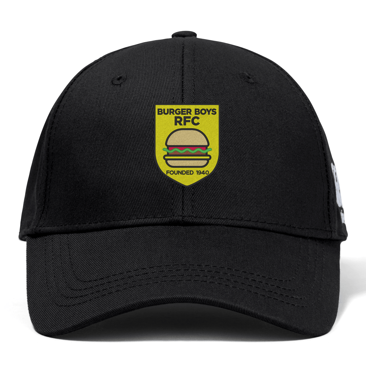 Black Burger Boys RFC Flexfit Drill Cap by EMB Canterbury with a yellow "Burger Boys RFC" embroidered logo featuring a hamburger and "Founded 1940" text.