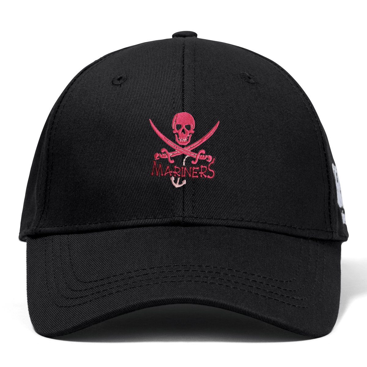 Black SUNY Maritime Flexfit Drill Cap by EMB Canterbury with a red and white embroidered logo of a skull and crossed swords, labelled "mariners," featuring a snap adjuster, on a white background.
