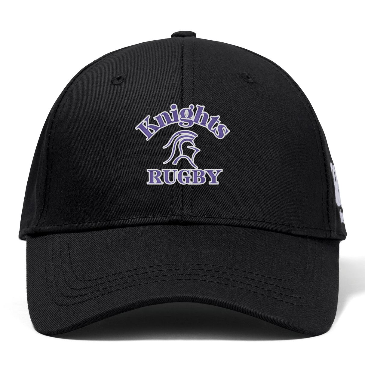 A black Ardrey Kell Rugby Flexfit Drill Cap by Canterbury features a purple and white embroidered "Knights Rugby" logo with a knight's helmet on the front, ensuring a comfy fit.