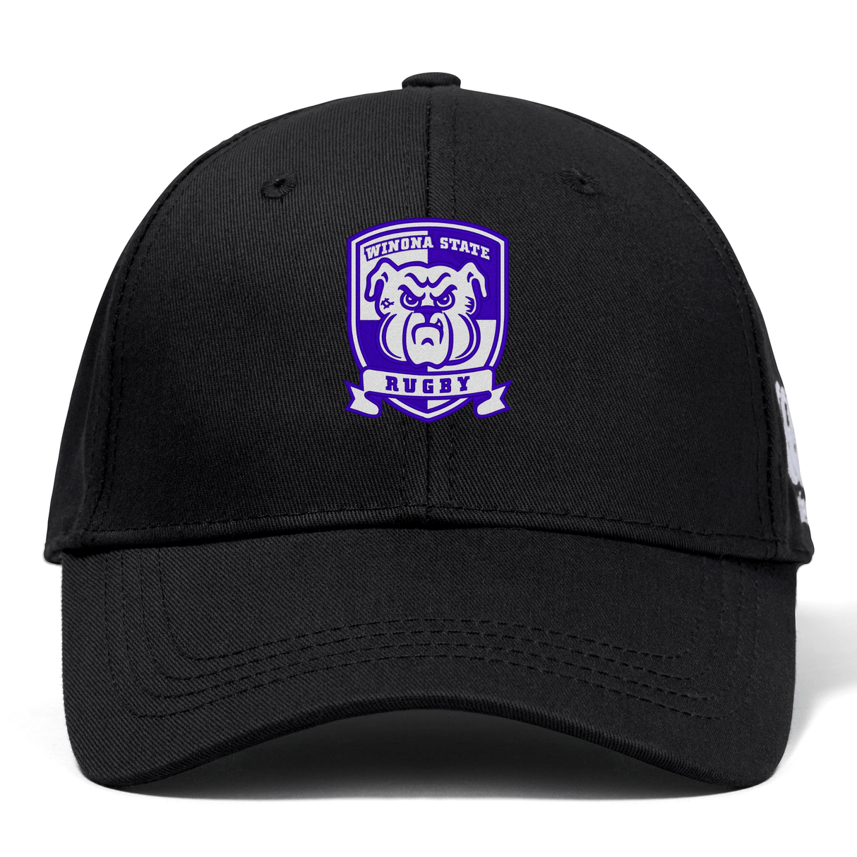 Winona State University Flexfit Drill Cap by Canterbury featuring a purple and white "Winona State Rugby" logo with a bulldog emblem on the front for a comfortable fit.