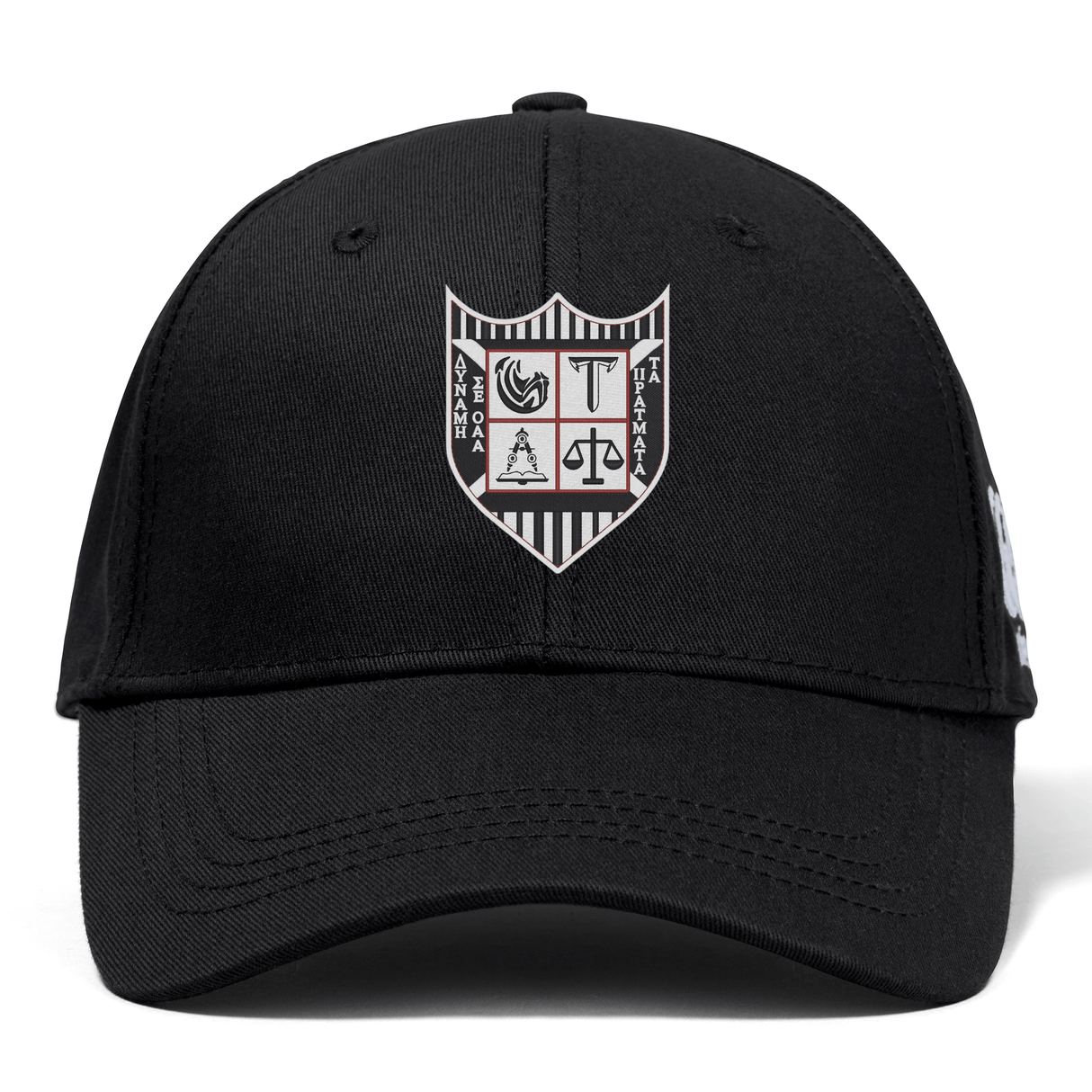 EMB Canterbury Troy University Rugby Flexfit Drill Cap with an embroidered logo featuring various symbols including a lion and a scale, on a white background.