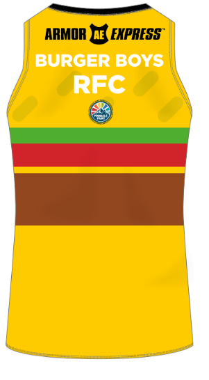 A yellow and brown Burger Boys Sublimated Performance Tank Top with the text "ARMOR EXPRESS," "BURGER BOYS," and "RFC" on the back, featuring a design resembling a burger, by Custom CCC MUD.
