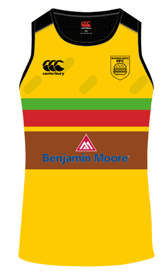 A Burger Boys Sublimated Performance Tank Top with a yellow, green, and red color scheme, featuring the Custom CCC MUD logo, club emblem, and "Benjamin Moore" sponsor text.
