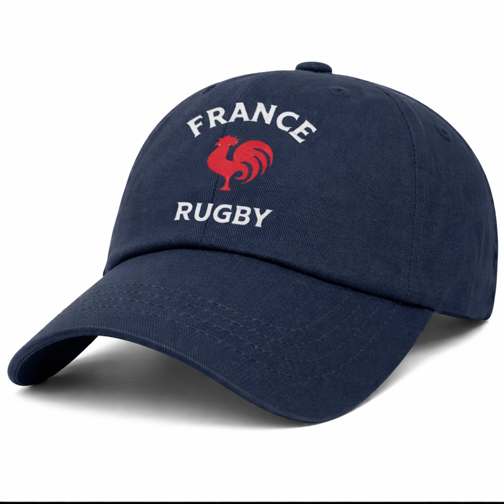 The Nations of Rugby France Dad Cap by EMB S&S Activewear is a navy blue cotton twill cap featuring "FRANCE RUGBY" text and a red rooster logo embroidered on the front—ideal for any France Rugby supporter.