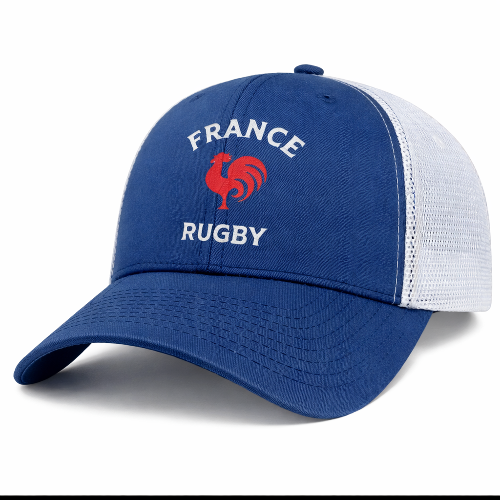 The Nations of Rugby France Retro Trucker Cap by EMB S&S Activewear features blue and white mesh, "France Rugby" text, and a red rooster logo—perfect for any rugby fan.