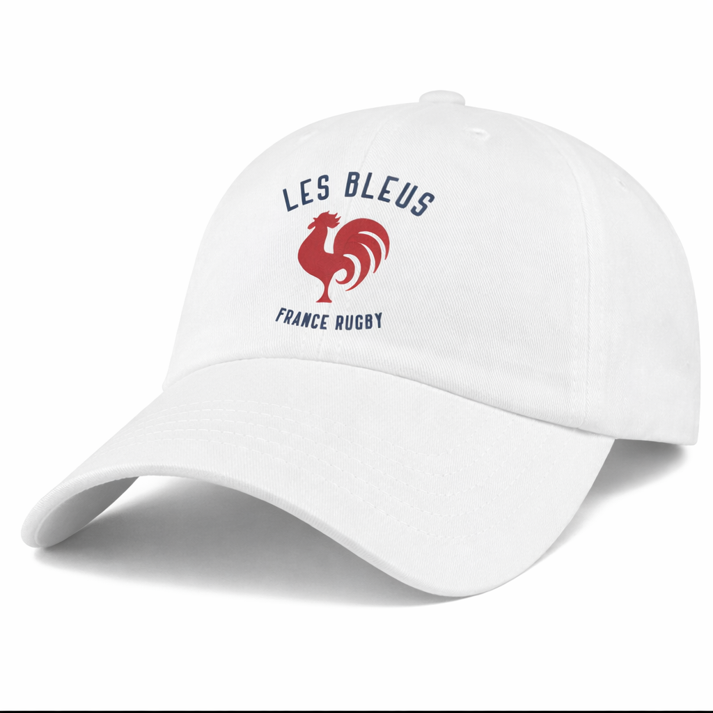 Show your support with the Les Bleus France Rugby Dad Cap by EMB S&S Activewear. This classic cotton twill cap features a red rooster logo and "LES BLEUS FRANCE RUGBY" printed on the front.