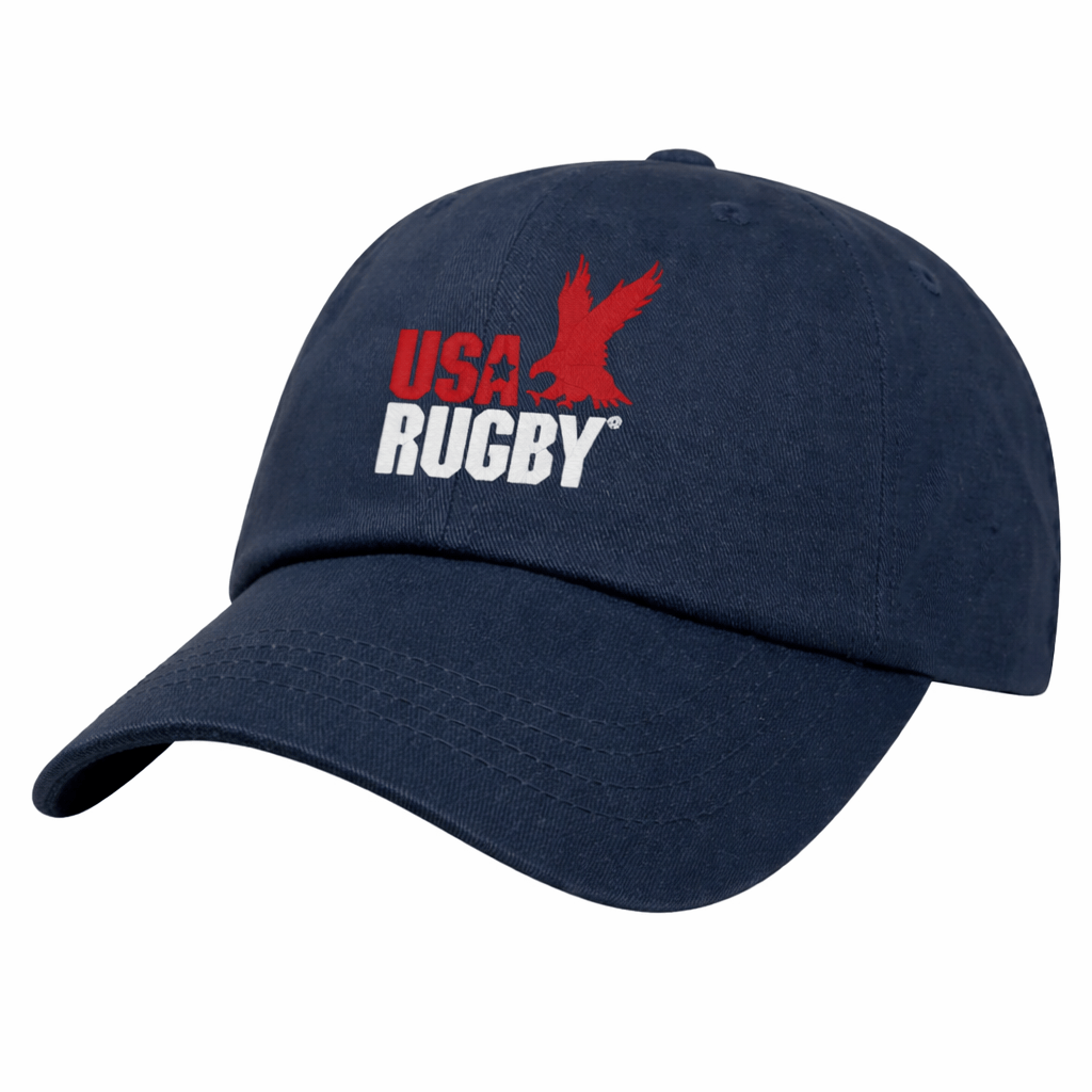 The USA Rugby Alternate Throwback Dad Cap by EMB S&S Activewear features navy blue embroidery with "USA Rugby" and a red eagle logo—an essential classic for fans to showcase their team pride.