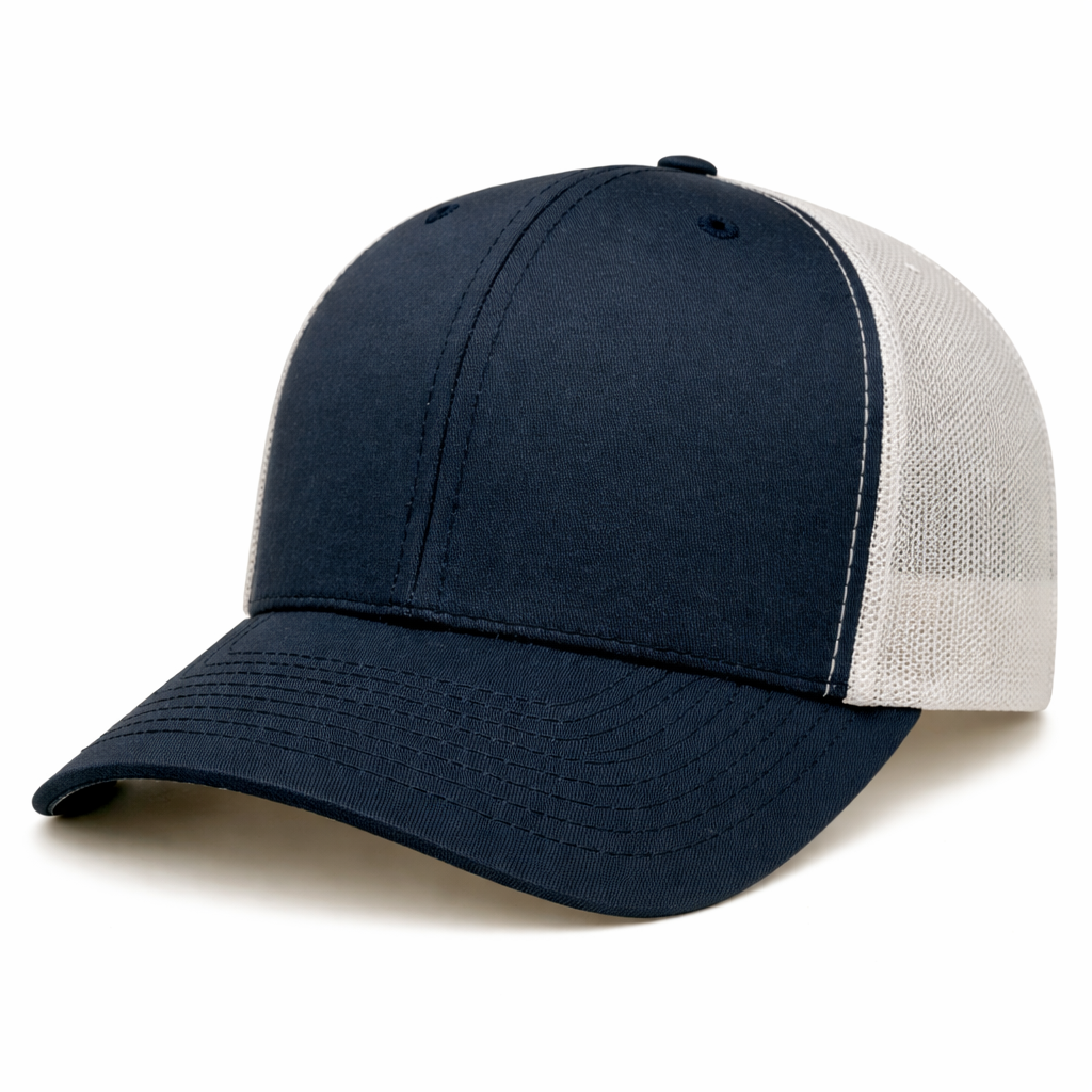 The S&S Activewear Retro Trucker Cap features a navy blue and white design with a curved bill and snapback closure, displayed on a plain white background.