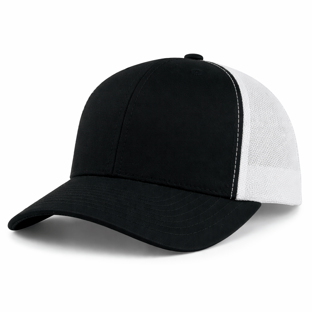 The S&S Activewear Retro Trucker Cap features a solid black front and bill, white mesh back panel, and an adjustable snapback closure.